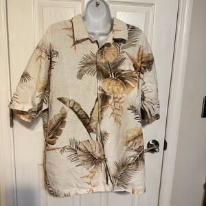 Paradise Shores Mens XL Tropical Palm Leaf Cotton Rayon Button Down Shirt Tan